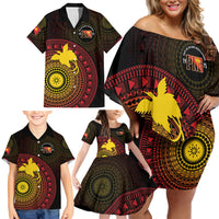Papua New Guinea Independence Personalized Family Matching Off Shoulder Short Dress and Hawaiian Shirt Tapa Circle
