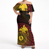 Papua New Guinea Independence Personalized Off Shoulder Maxi Dress Tapa Circle LT7 Women Black - Polynesian Pride