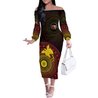 Papua New Guinea Independence Personalized Off The Shoulder Long Sleeve Dress Tapa Circle LT7 Women Black - Polynesian Pride