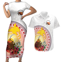 Hapi De Bilong Indipendens Papua New Guinea Couples Matching Short Sleeve Bodycon Dress and Hawaiian Shirt PNG Lime Pot LT7 White - Polynesian Pride