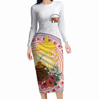 Hapi De Bilong Indipendens Papua New Guinea Long Sleeve Bodycon Dress PNG Lime Pot LT7 Long Dress White - Polynesian Pride
