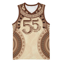 Bula Fiji Day 55th Anniversary Masi Tapa Basketball Jersey Emerald Jubilee - Beige - Polynesian Pride