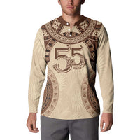 Bula Fiji Day 55th Anniversary Masi Tapa Button Sweatshirt Emerald Jubilee - Beige - Polynesian Pride
