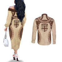 Bula Fiji Day 55th Anniversary Masi Tapa Couples Matching Off The Shoulder Long Sleeve Dress and Long Sleeve Button Shirt Emerald Jubilee - Beige - Polynesian Pride