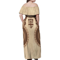 Bula Fiji Day 55th Anniversary Masi Tapa Family Matching Off Shoulder Maxi Dress and Hawaiian Shirt Emerald Jubilee - Beige - Polynesian Pride