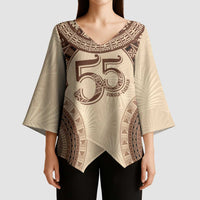 Bula Fiji Day 55th Anniversary Masi Tapa Kimono Sleeve Blouse Emerald Jubilee - Beige - Polynesian Pride