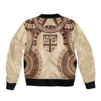 Bula Fiji Day 55th Anniversary Masi Tapa Sleeve Zip Bomber Jacket Emerald Jubilee - Beige - Polynesian Pride