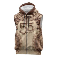Bula Fiji Day 55th Anniversary Masi Tapa Sleeveless Zip Hoodie Emerald Jubilee - Beige LT7 Beige - Polynesian Pride