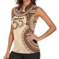 Bula Fiji Day 55th Anniversary Masi Tapa Women Sleeveless Polo Shirt Emerald Jubilee - Beige - Polynesian Pride