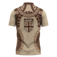 Bula Fiji Day 55th Anniversary Masi Tapa Zipper Polo Shirt Emerald Jubilee - Beige - Polynesian Pride