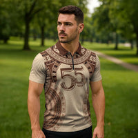 Bula Fiji Day 55th Anniversary Masi Tapa Zipper Polo Shirt Emerald Jubilee - Beige - Polynesian Pride