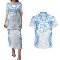 Bula Fiji Day 55th Anniversary Masi Tapa Couples Matching Puletasi and Hawaiian Shirt Emerald Jubilee - Turquoise - Polynesian Pride