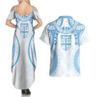 Bula Fiji Day 55th Anniversary Masi Tapa Couples Matching Summer Maxi Dress and Hawaiian Shirt Emerald Jubilee - Turquoise - Polynesian Pride