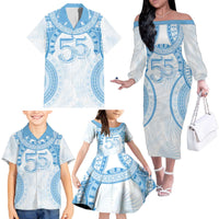 Bula Fiji Day 55th Anniversary Masi Tapa Family Matching Off The Shoulder Long Sleeve Dress and Hawaiian Shirt Emerald Jubilee - Turquoise - Polynesian Pride