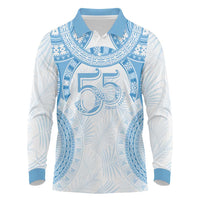 Bula Fiji Day 55th Anniversary Masi Tapa Long Sleeve Polo Shirt Emerald Jubilee - Turquoise - Polynesian Pride