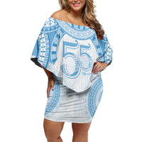 Bula Fiji Day 55th Anniversary Masi Tapa Off Shoulder Short Dress Emerald Jubilee - Turquoise - Polynesian Pride