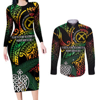 Vanuatu Indipendens Dei Couples Matching Long Sleeve Bodycon Dress and Long Sleeve Button Shirt Mix Traditional Sand Drawing LT7 Colorful - Polynesian Pride