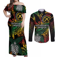 Vanuatu Indipendens Dei Couples Matching Off Shoulder Maxi Dress and Long Sleeve Button Shirt Mix Traditional Sand Drawing LT7 Colorful - Polynesian Pride