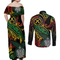 Vanuatu Indipendens Dei Couples Matching Off Shoulder Maxi Dress and Long Sleeve Button Shirt Mix Traditional Sand Drawing LT7 - Polynesian Pride
