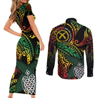 Vanuatu Indipendens Dei Couples Matching Short Sleeve Bodycon Dress and Long Sleeve Button Shirt Mix Traditional Sand Drawing LT7 - Polynesian Pride