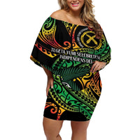 Vanuatu Indipendens Dei Off Shoulder Short Dress Mix Traditional Sand Drawing LT7 Women Colorful - Polynesian Pride
