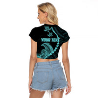 Personalised Guam Raglan Cropped T Shirt Tribal Turtles Curves Style - Turquoise LT7 - Polynesian Pride