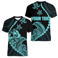 Personalised Guam Women V Neck T Shirt Tribal Turtles Curves Style - Turquoise LT7 - Polynesian Pride