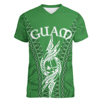 Personalised Guam Women V Neck T Shirt Chamoro Latte Stone Mix Tropical - Green LT7 Female Green - Polynesian Pride