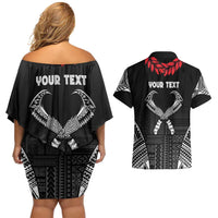 Personalized Talofa Samoa Couples Matching Off Shoulder Short Dress and Hawaiian Shirt Ulafala With Toa Nifo'oti - Black LT7 - Polynesian Pride