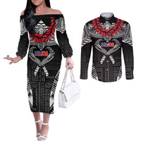 Personalized Talofa Samoa Couples Matching Off The Shoulder Long Sleeve Dress and Long Sleeve Button Shirt Ulafala With Toa Nifo'oti - Black LT7 Black - Polynesian Pride