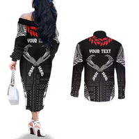 Personalized Talofa Samoa Couples Matching Off The Shoulder Long Sleeve Dress and Long Sleeve Button Shirt Ulafala With Toa Nifo'oti - Black LT7 - Polynesian Pride