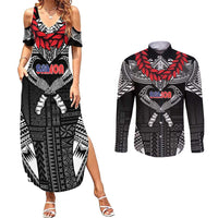 Personalized Talofa Samoa Couples Matching Summer Maxi Dress and Long Sleeve Button Shirt Ulafala With Toa Nifo'oti - Black LT7 Black - Polynesian Pride