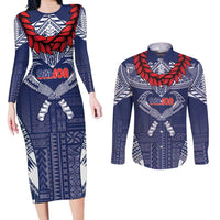 Personalized Talofa Samoa Couples Matching Long Sleeve Bodycon Dress and Long Sleeve Button Shirt Ulafala With Toa Nifo'oti - Blue LT7 Blue - Polynesian Pride