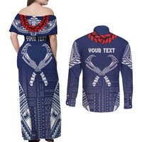 Personalized Talofa Samoa Couples Matching Off Shoulder Maxi Dress and Long Sleeve Button Shirt Ulafala With Toa Nifo'oti - Blue LT7 - Polynesian Pride