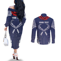 Personalized Talofa Samoa Couples Matching Off The Shoulder Long Sleeve Dress and Long Sleeve Button Shirt Ulafala With Toa Nifo'oti - Blue LT7 - Polynesian Pride