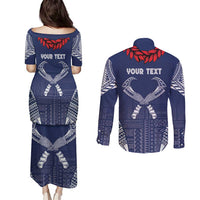 Personalized Talofa Samoa Couples Matching Puletasi and Long Sleeve Button Shirt Ulafala With Toa Nifo'oti - Blue LT7 - Polynesian Pride