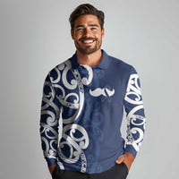 New Zealand Maori Mo Bros Long Sleeve Polo Shirt Blue Ribbon With Koru Kowhaiwhai - Polynesian Pride