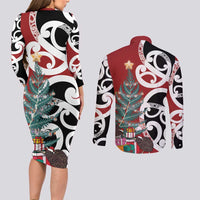 New Zealand Silver Fern Christmas Tree Couples Matching Long Sleeve Bodycon Dress and Long Sleeve Button Shirt Meri Kirihimete - Polynesian Pride