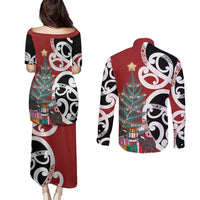 New Zealand Silver Fern Christmas Tree Couples Matching Puletasi and Long Sleeve Button Shirt Meri Kirihimete - Polynesian Pride