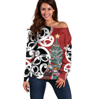 New Zealand Silver Fern Christmas Tree Off Shoulder Sweater Meri Kirihimete - Polynesian Pride