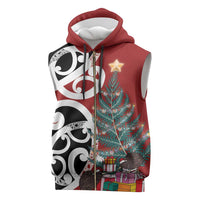 New Zealand Silver Fern Christmas Tree Sleeveless Zip Hoodie Meri Kirihimete LT7 Red - Polynesian Pride