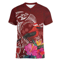 Personalized Samoa Meri Krisimasi Women V-Neck T-Shirt Segasegamau'u Mix Siapo LT7 Female Red - Polynesian Pride