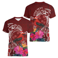 Personalized Samoa Meri Krisimasi Women V-Neck T-Shirt Segasegamau'u Mix Siapo LT7 - Polynesian Pride