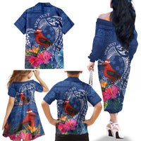 Personalized Samoa Christmas Family Matching Off The Shoulder Long Sleeve Dress and Hawaiian Shirt Cardinal Honeyeater Mix Siapo