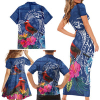 Personalized Samoa Christmas Family Matching Short Sleeve Bodycon Dress and Hawaiian Shirt Cardinal Honeyeater Mix Siapo