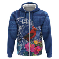 Personalized Samoa Christmas Hoodie Cardinal Honeyeater Mix Siapo LT7 Zip Hoodie Blue - Polynesian Pride