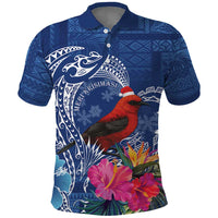 Personalized Samoa Christmas Polo Shirt Cardinal Honeyeater Mix Siapo LT7 Blue - Polynesian Pride