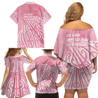 Breast Cancer Awareness Maori Family Matching Off Shoulder Short Dress and Hawaiian Shirt Kia Kaha Kia Maia Kia Manawanui - Polynesian Pride