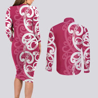 Breast Cancer Awareness Maori Couples Matching Long Sleeve Bodycon Dress and Long Sleeve Button Shirt Koru Kowhaiwhai - Polynesian Pride