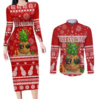 Hawaii Pineapple Christmas Couples Matching Long Sleeve Bodycon Dress and Long Sleeve Button Shirt Mele Kalikimaka LT7 Red - Polynesian Pride